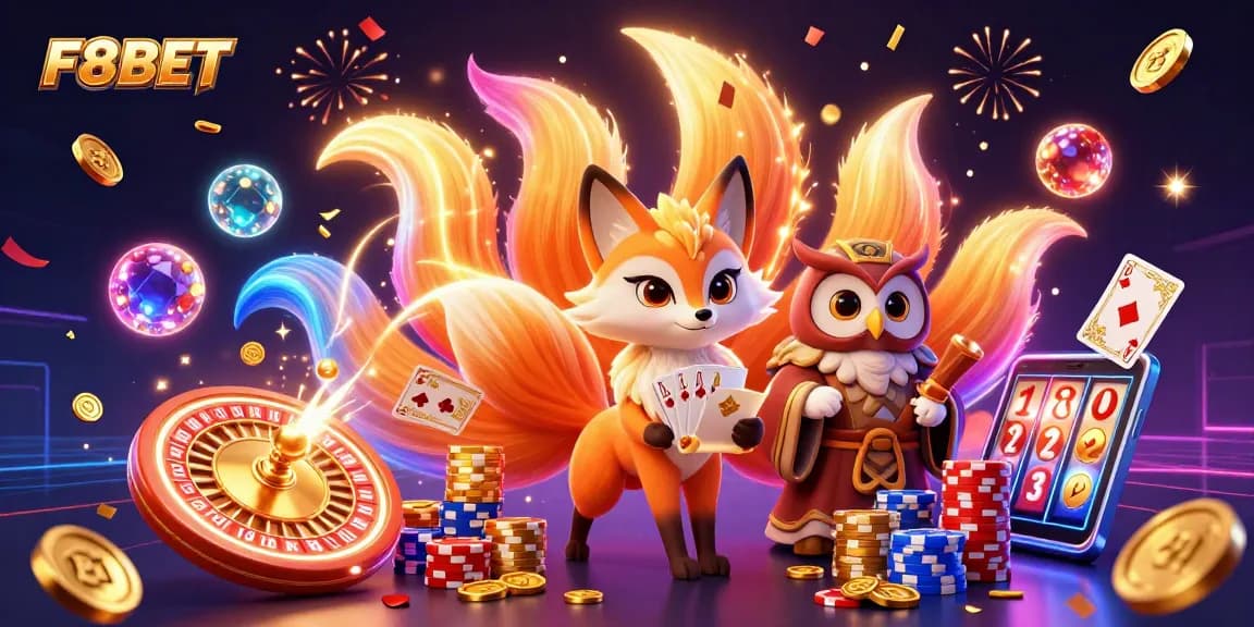 Experience thrilling wins with F8BET in a vibrant 3D casino celebration scene.