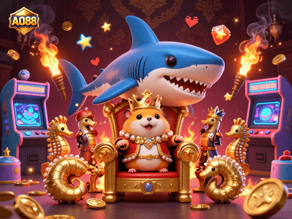 Play exciting games at AO88 with a fierce hamster king on a shark throne, stunning creatures, and vibrant casino elements.