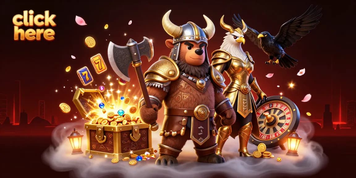 Click here to enjoy thrilling gameplay with our Viking heroes and treasure galore in this vibrant casino scene.