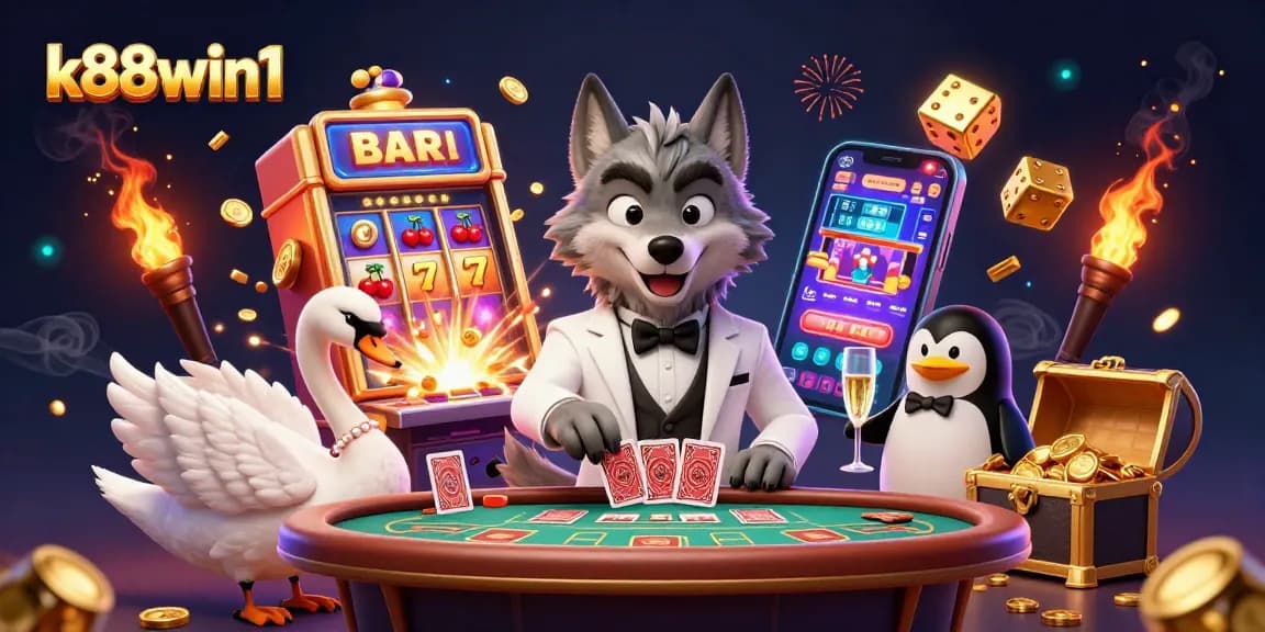 Watch k88win1's debonair wolf, elegant swan, and sophisticated penguin enjoying casino games.