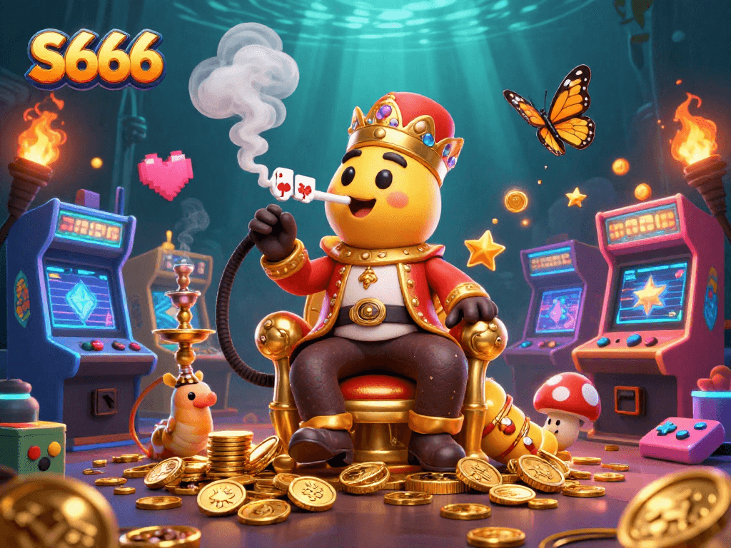 S666 players enjoying vibrant casino games and the thrill of winning, surrounded by colorful arcade elements and gold coins.