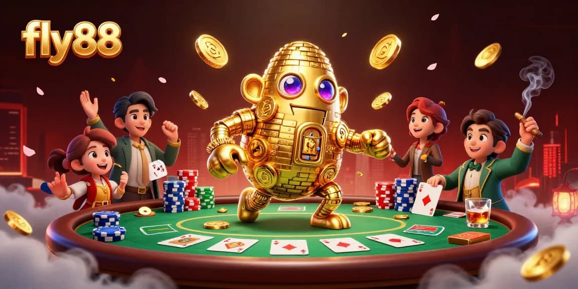Experience the thrill of fly88 with a dynamic casino scene featuring a golden golem and poker elements.