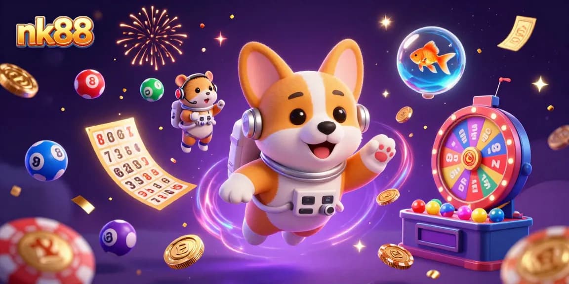 nk88 casino fun with 3D astronaut corgi and colorful gambling elements
