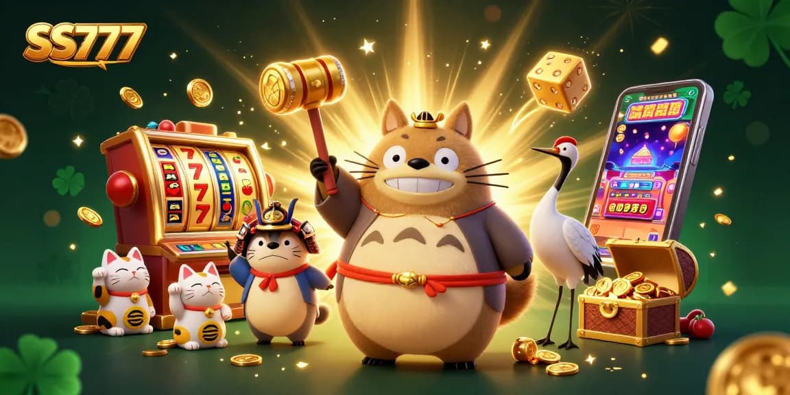 Experience the magic of SS777 with a festive tanuki, colorful symbols, and jackpot excitement in a vibrant casino scene.