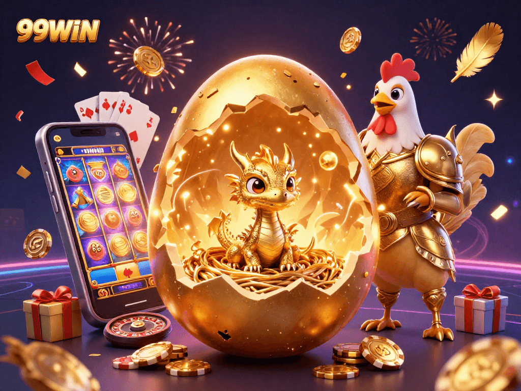 Experience exciting gaming at 99WIN with a golden dragon and vibrant casino elements.