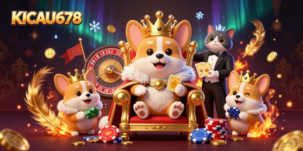 KICAU678 showcases a vibrant casino scene with a royal corgi on poker chips and a cat butler in an engaging 3D illustration.