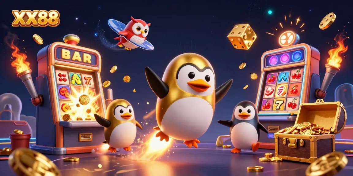 Experience the thrill of XX88 with a golden penguin racing to a casino galaxy in this vibrant 3D illustration.