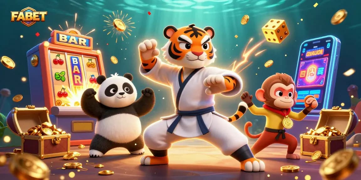 Experience excitement with FABET in this vibrant casino scene featuring playful characters and jackpots.