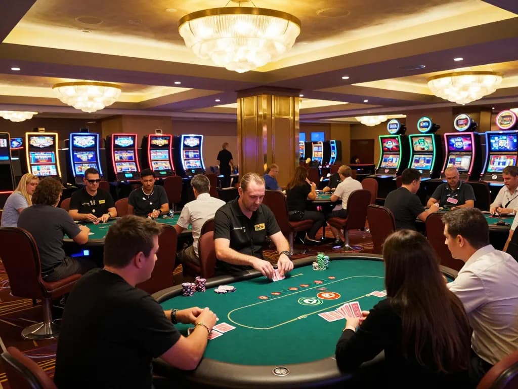 Players enjoying poker at 23win casino under warm ambient lighting, engaging in lively gameplay.