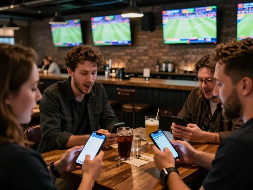 Watching live games while placing bets on rik vip using smartphone in a vibrant sports bar.