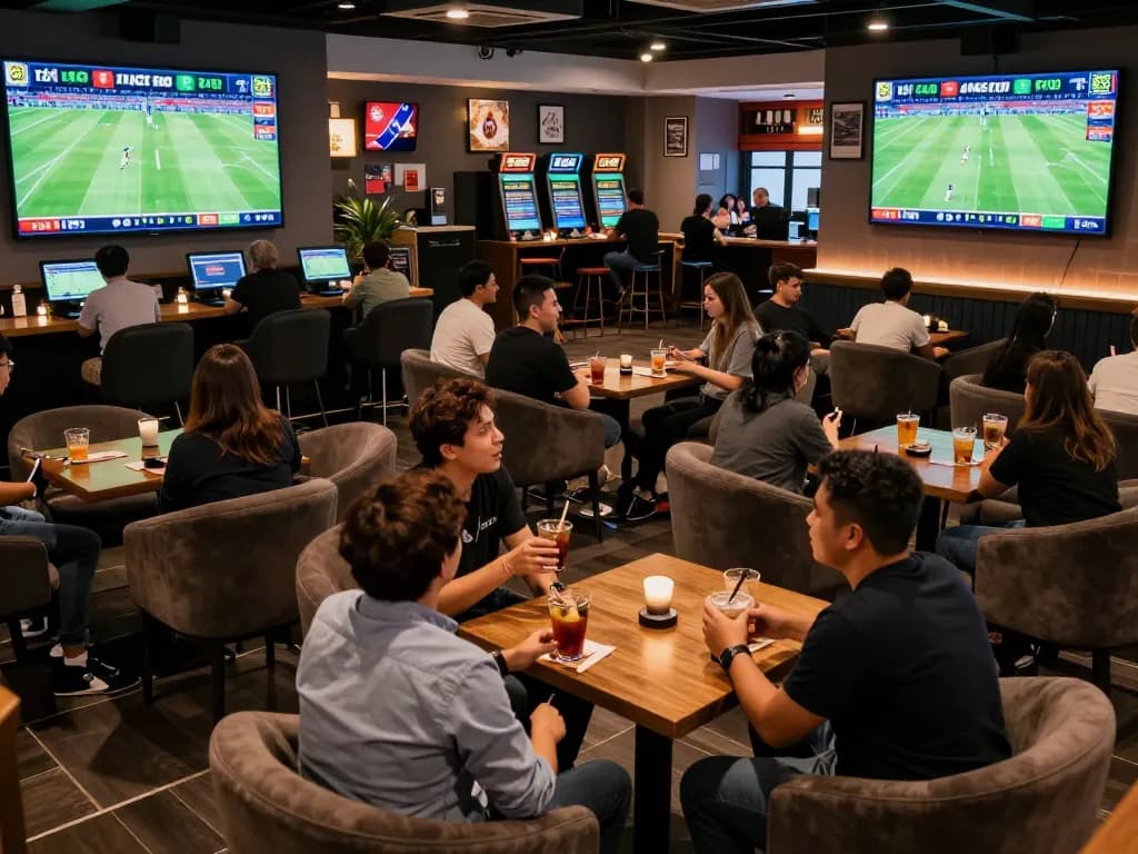 Fans engaging with tỷ lệ kèo bóng đá in a lively sports betting lounge, with excitement visible during the match.