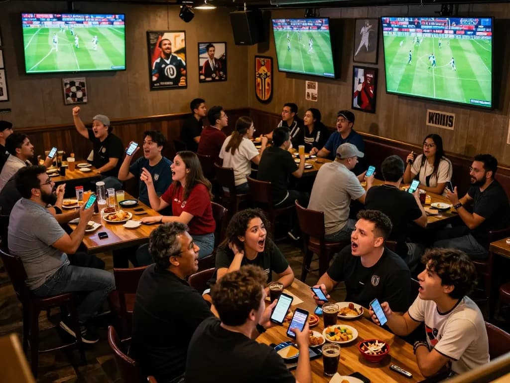 Okwintv patrons cheering while placing bets during a live sports event in a vibrant bar atmosphere.