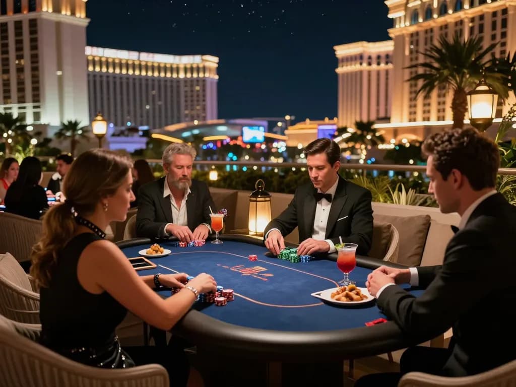 79king players enjoying high-stakes poker on a Vegas terrace amidst the city lights