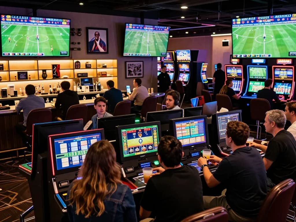 Exciting sports betting scene highlighting tỷ lệ bóng đá kèo nhà cái with engaged patrons tracking live matches.
