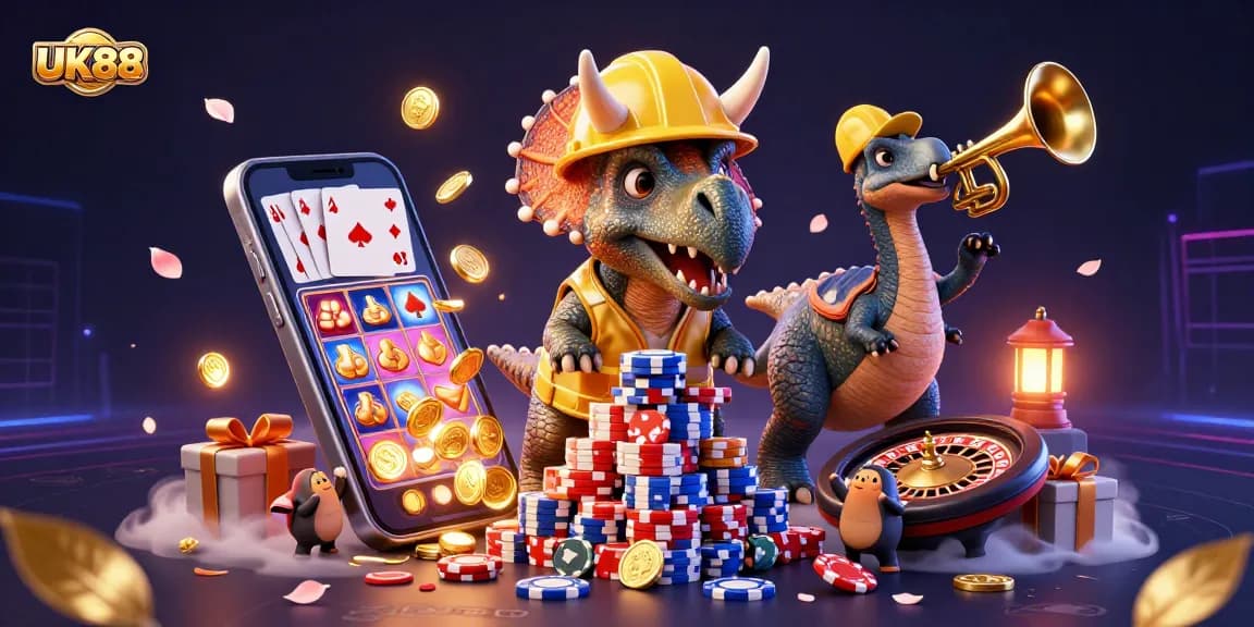 Join the excitement at UK88 with triceratops building poker chip towers amid golden coin eruptions and thrilling slot games.