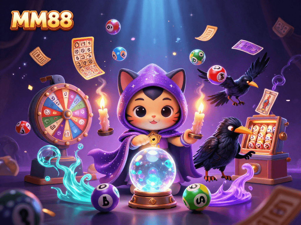 Experience engaging gaming at MM88 with vibrant illustrations of lottery elements and mystical characters.