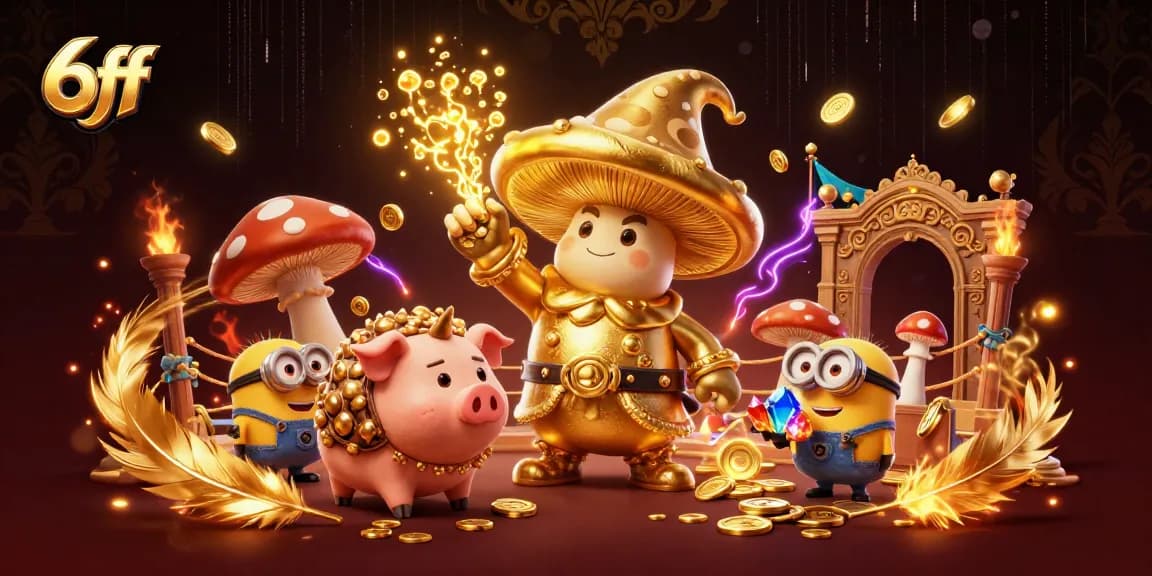 Engage with 6ff's magical golden wizard and friends in a vibrant casino-themed scene filled with treasures.