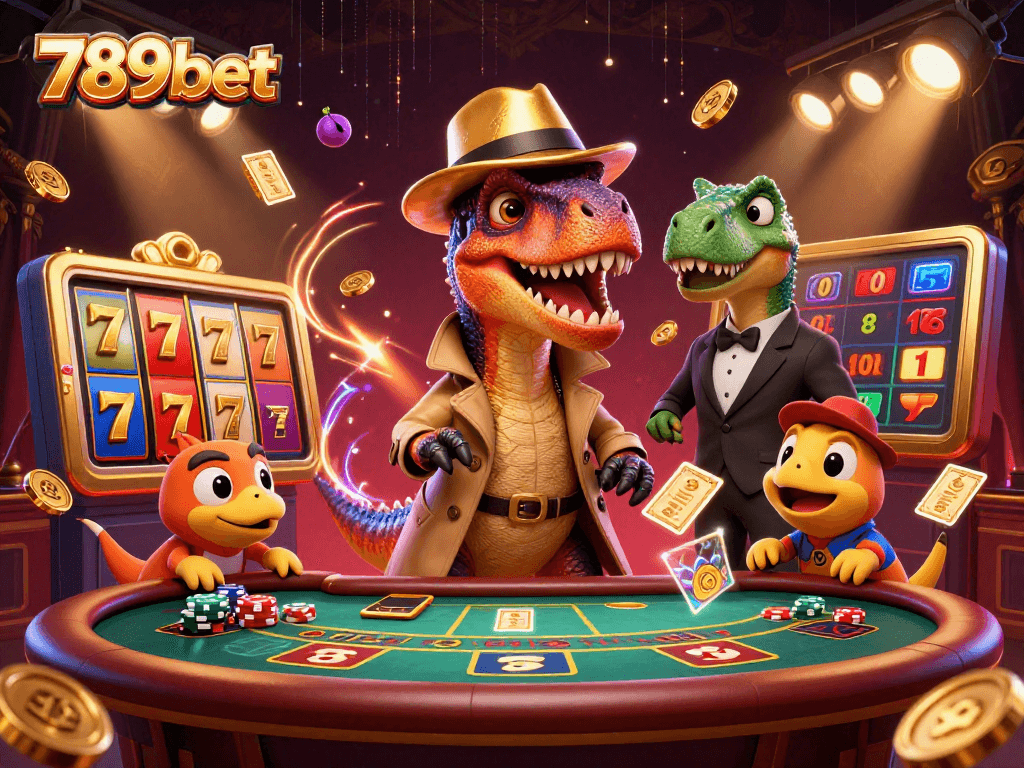 Engage with exciting 789bet blackjack action featuring a velociraptor at the table with riches flying around.