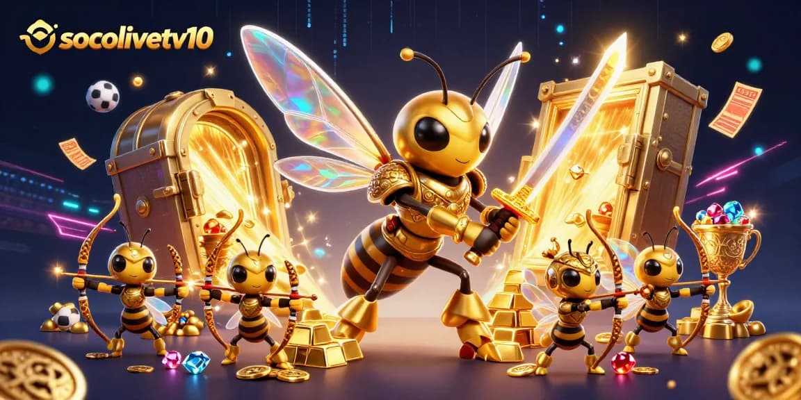 Socolivetv10 showcases vibrant sports betting with a 3D samurai hornet leading bee archers amid dynamic treasures.