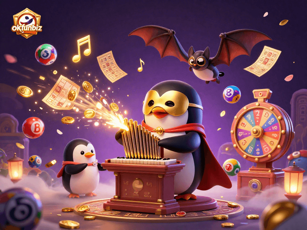 Experience thrilling games at okfunbiz with a penguin playing an organ shooting golden coins and lottery excitement.