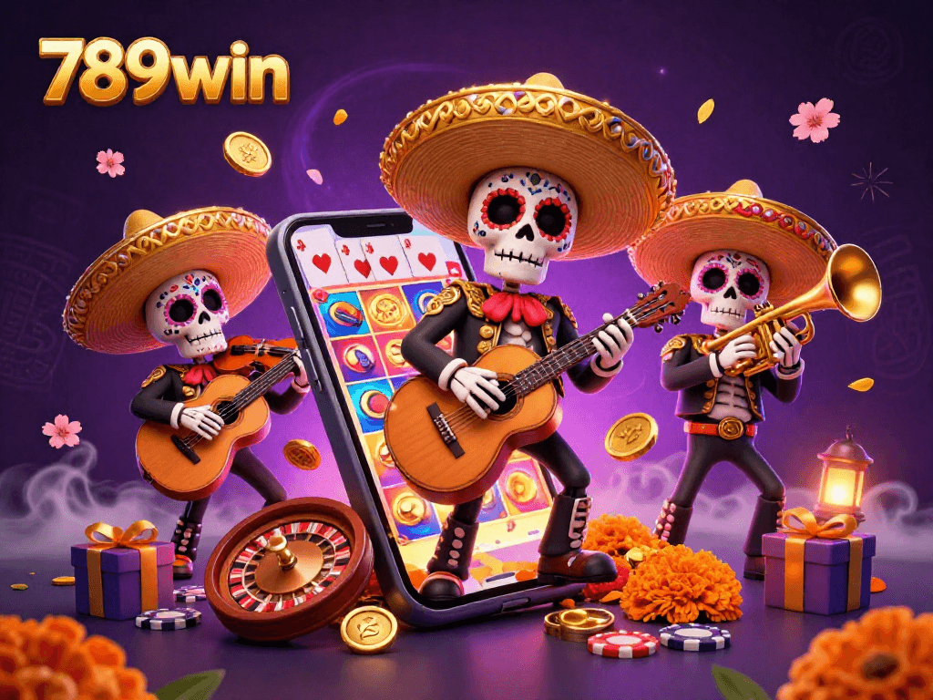 Win big with vibrant 789win casino action depicted in an exciting Day of the Dead mariachi setting.
