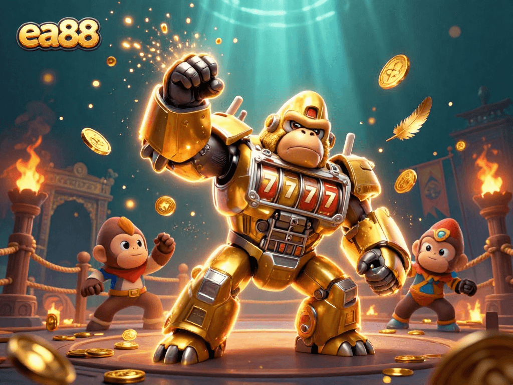 Experience the thrill with ea88's golden gorilla mech in an explosive casino scene.