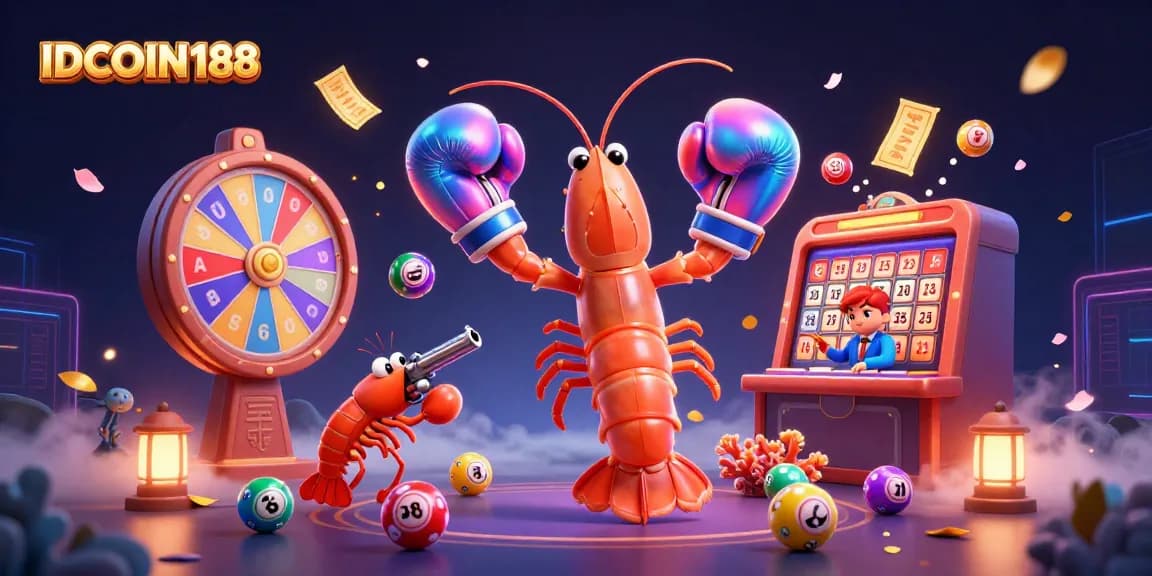 IDCOIN188 brings vibrant casino excitement with 3D shrimp characters and dynamic lottery elements.
