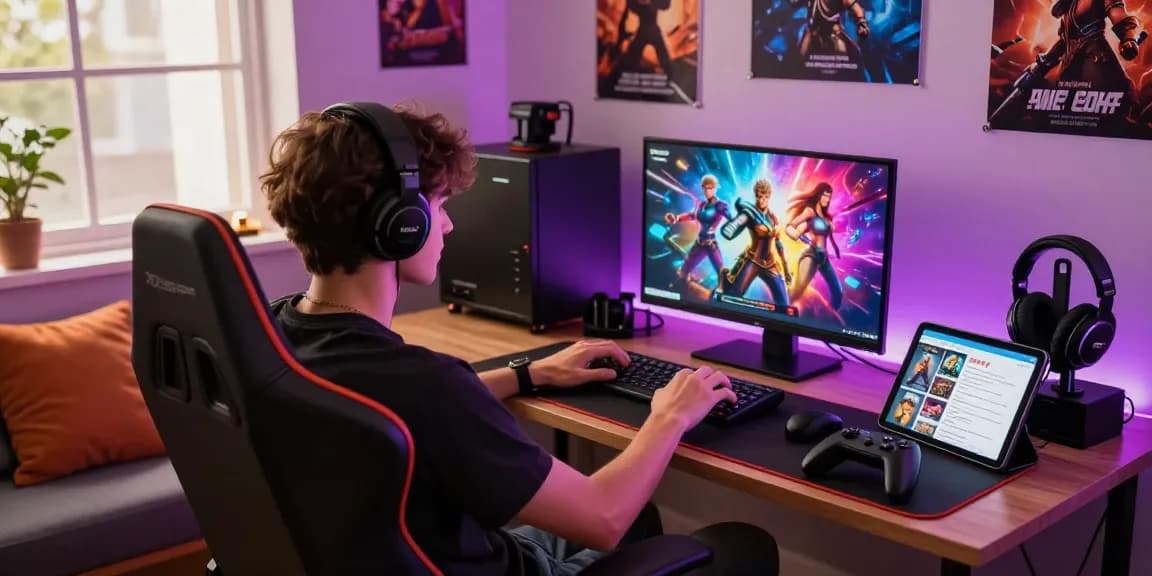 Engaging gaming scene showcasing game porn graphics and a young adult enjoying immersive gameplay with vibrant accessories.