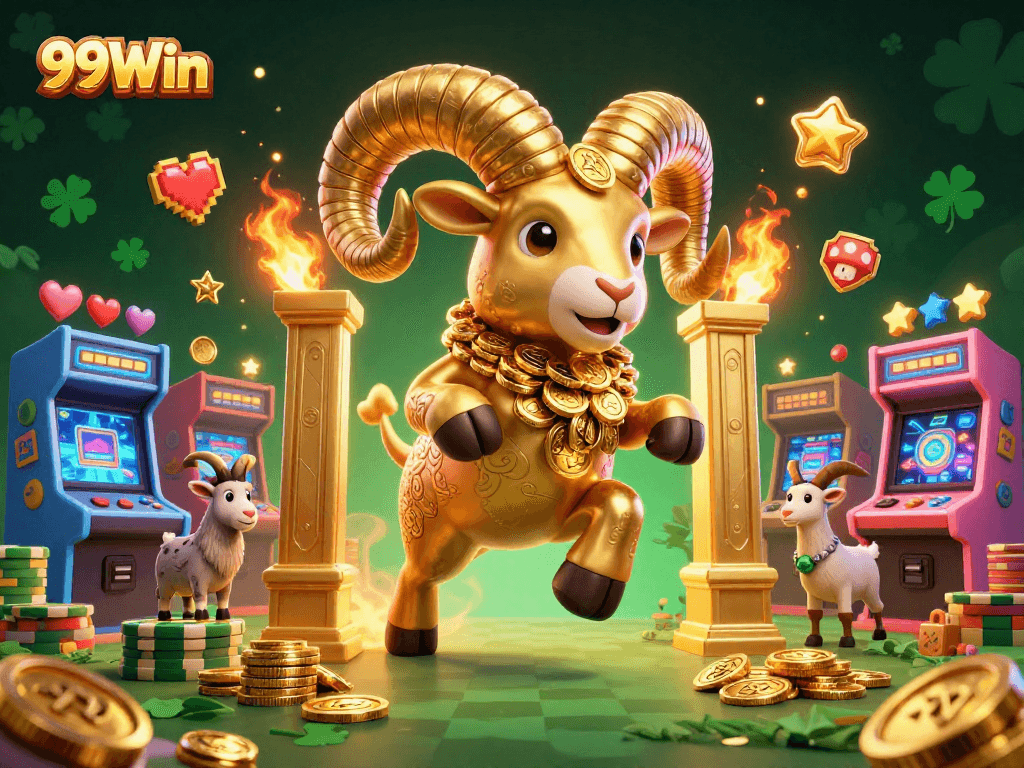 Experience thrilling gaming with 99Win's colorful casino scene featuring vibrant characters and exciting arcade elements.