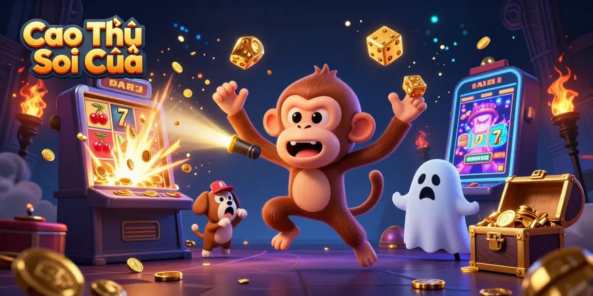 Cao Thủ Soi Cầu showcases a spirited scene with a ghostly monkey juggling casino treasures while a curious puppy investigates.