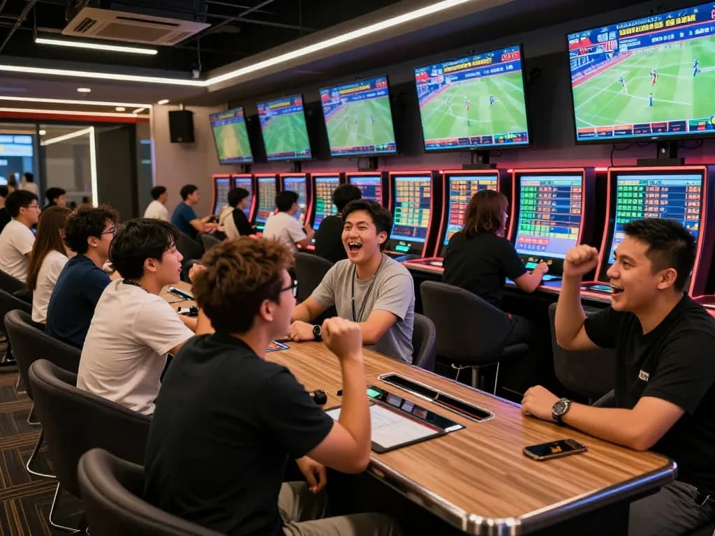 BONG88 sports betting hall capturing enthusiastic bettors analyzing odds, energetic atmosphere with multiple screens.