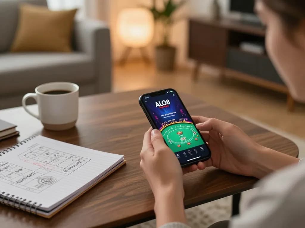 Player enjoying online gaming at trang chủ alo8 using smartphone app in a cozy home setting