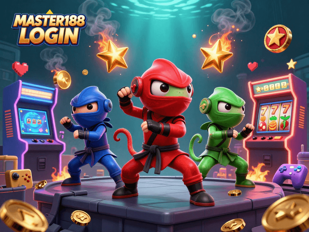 Master188 LOGIN boosts excitement with chameleon ninjas and casino slots in vibrant illustration.