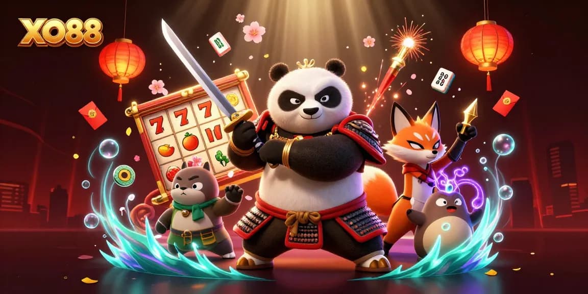 Experience the excitement of XO88 with dynamic characters and thrilling slot reels in a vibrant casino scene.