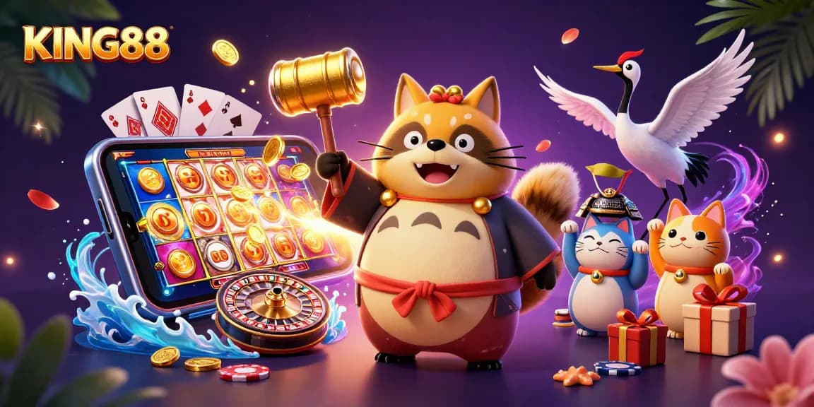 Experience KING88's vibrant casino adventure featuring a cheerful tanuki and lucky symbols.