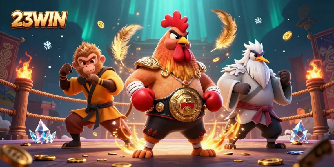 Engage with 23WIN's exciting Muay Thai rooster and martial artists battling amid gold coins and dynamic gambling elements.