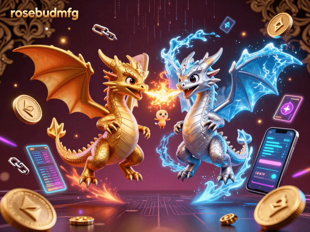 Engage with rosebudmfg's dynamic dragons and neon crypto elements in this 3D casino scene.