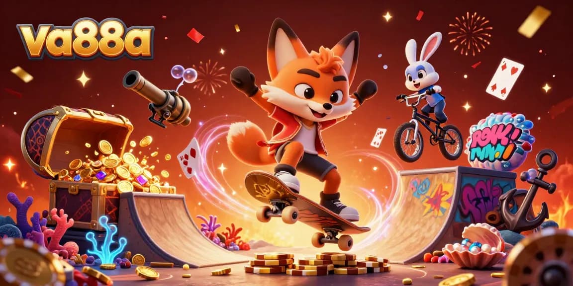 Experience engaging gameplay at va88a with energetic characters performing tricks over poker chips.
