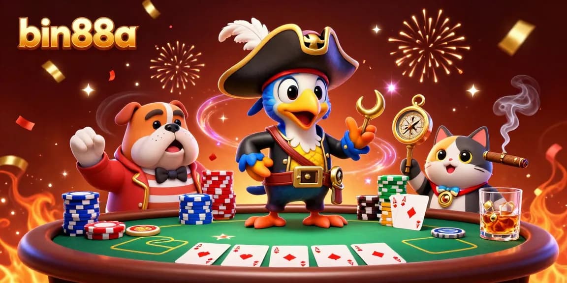 Engage with bin88a's dynamic gaming scene featuring a pirate captain, bulldog, and cat on a vibrant poker setting.