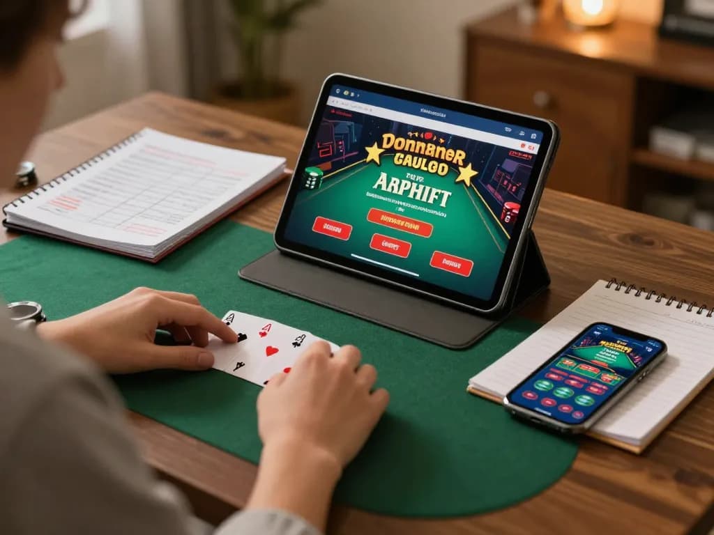 MM88 player engaging in online poker on a tablet with strategic notes, warm home atmosphere