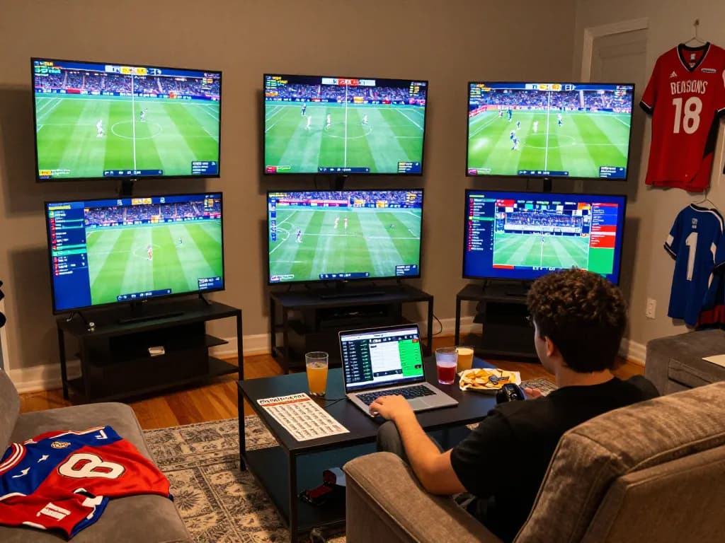 SV66 user engaged in sports betting with multiple screens showing live matches and betting options