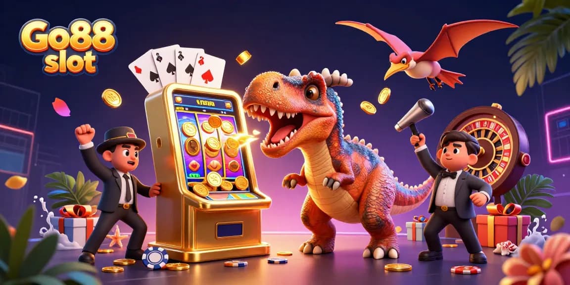Experience the excitement of Go88 slot gaming with a lively scene of a pachycephalosaurus and friends winning big!