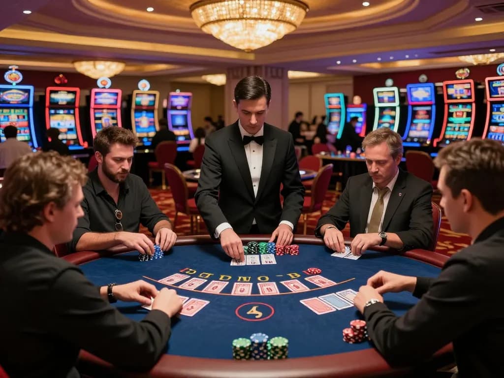 Players engaging in strategic blackjack gameplay at GEN88 casino, showcasing excitement and luxury.