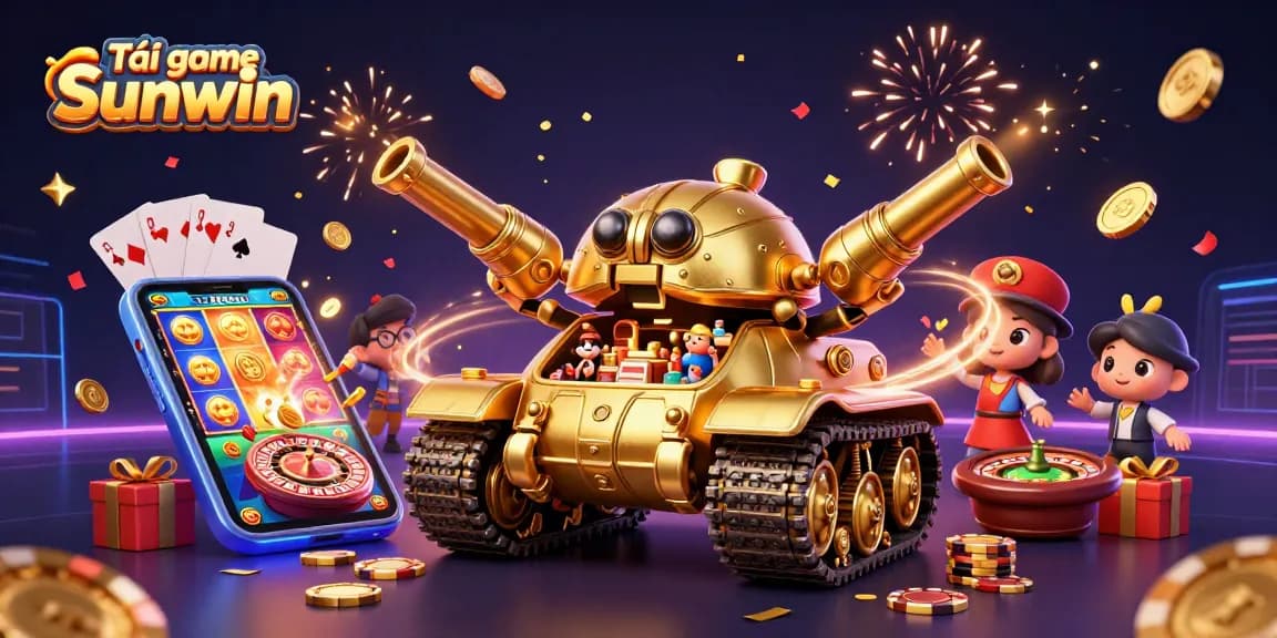 Tải game Sunwin in a dynamic casino tank scene with colorful slot games and vibrant confetti.