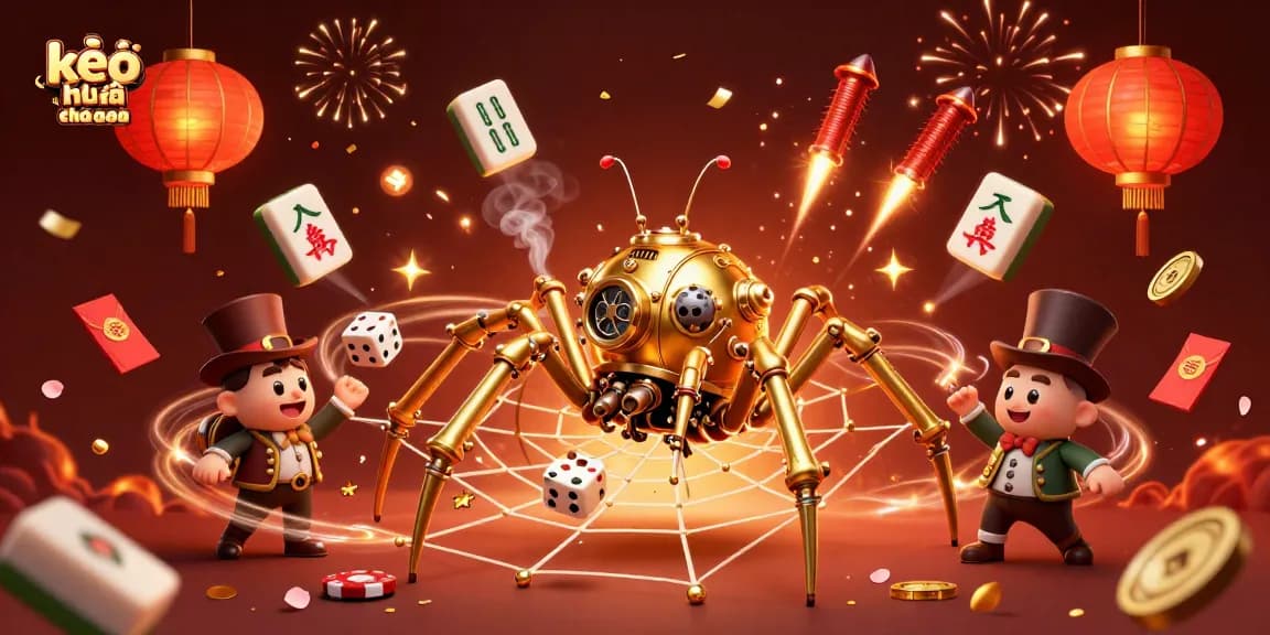 Engage with thrilling kèo nhà cái as a steampunk spider weaves golden chains in a vibrant casino setting.