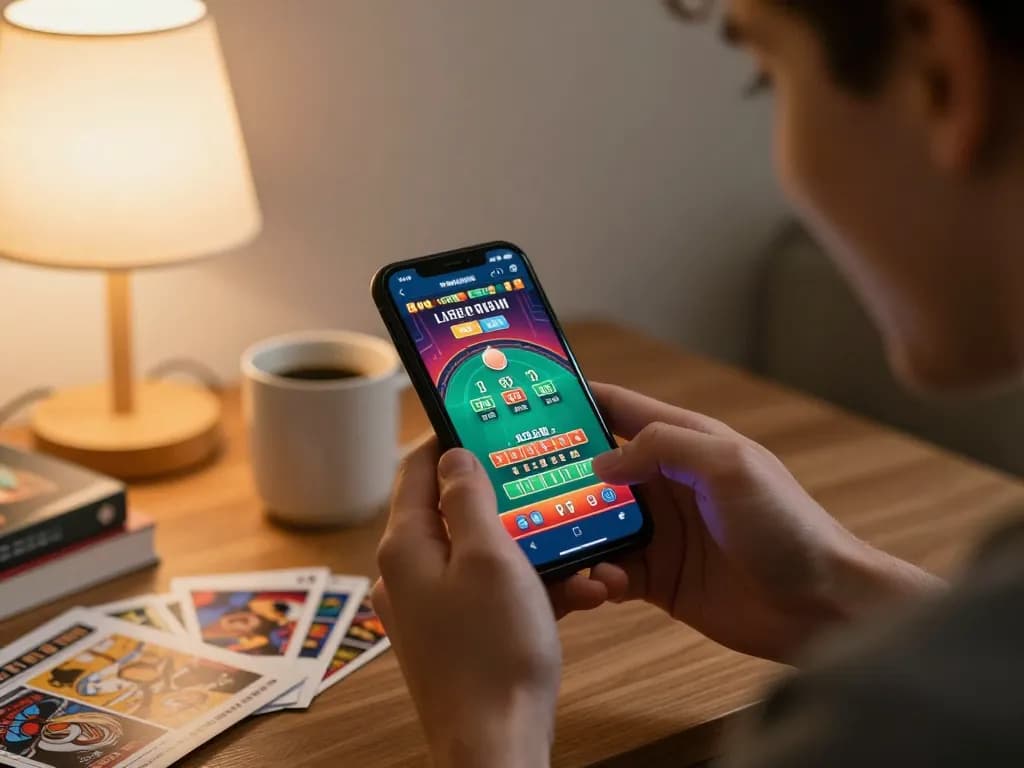 Engaging moment of a player tải iwin on smartphone for live baccarat gaming experience at home.