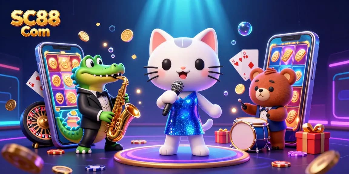 Experience thrilling gameplay with SC88 Com in this vibrant casino scene featuring a jazz-singer cat and friends.