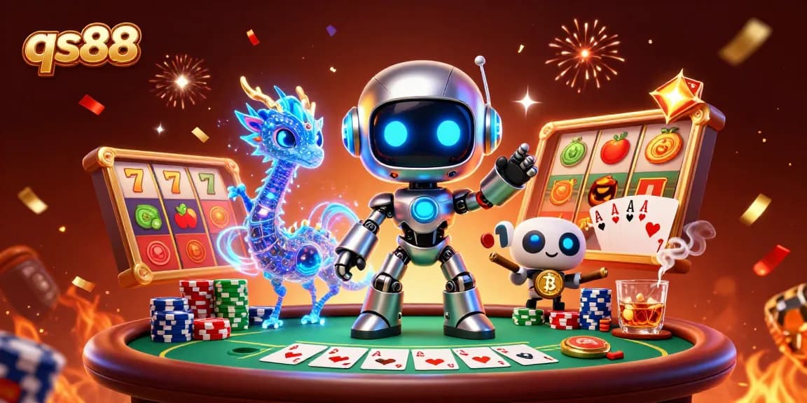 Engage with qs88's vibrant gaming scene featuring a 3D cyberpunk robot amidst thrilling slot games and poker elements.