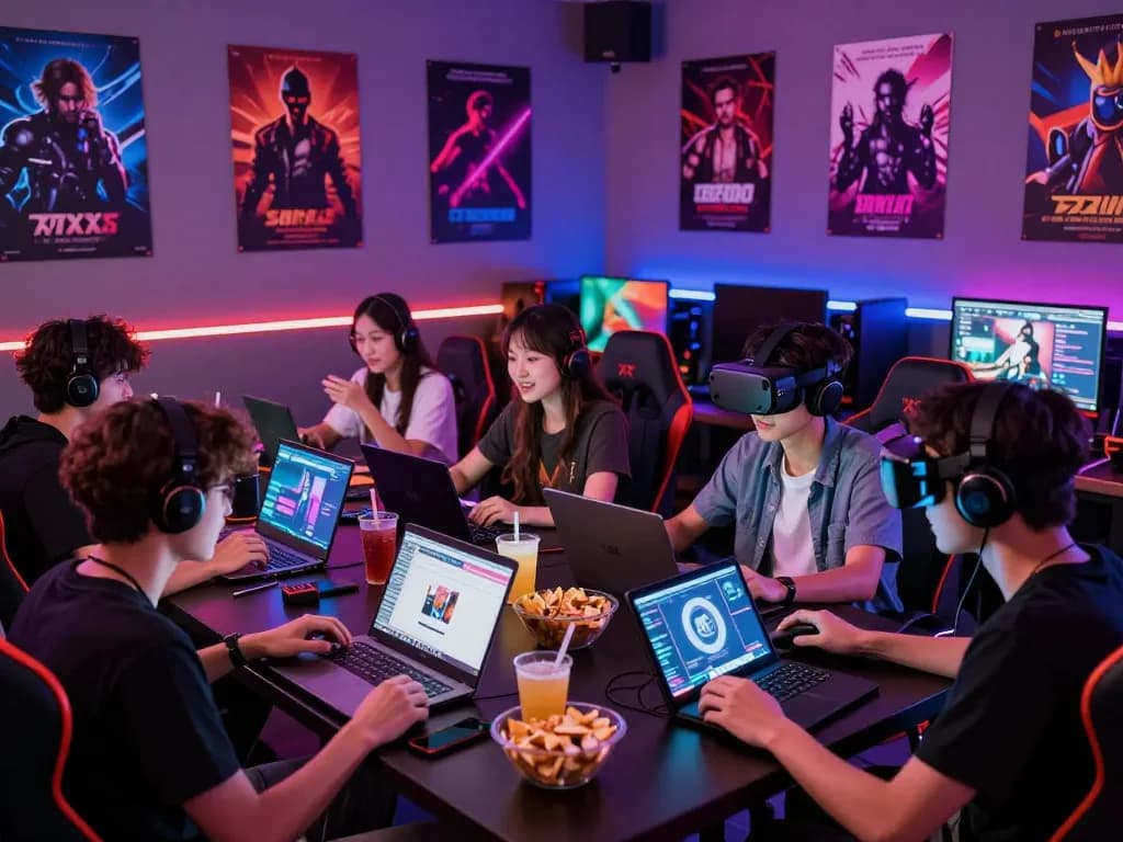 Young adults enjoying xxx games in a vibrant gaming lounge, showcasing engaging interactions and immersive experiences.