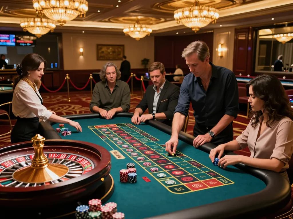 Engaging mb66 roulette table action with players placing bets and croupier spinning wheel.